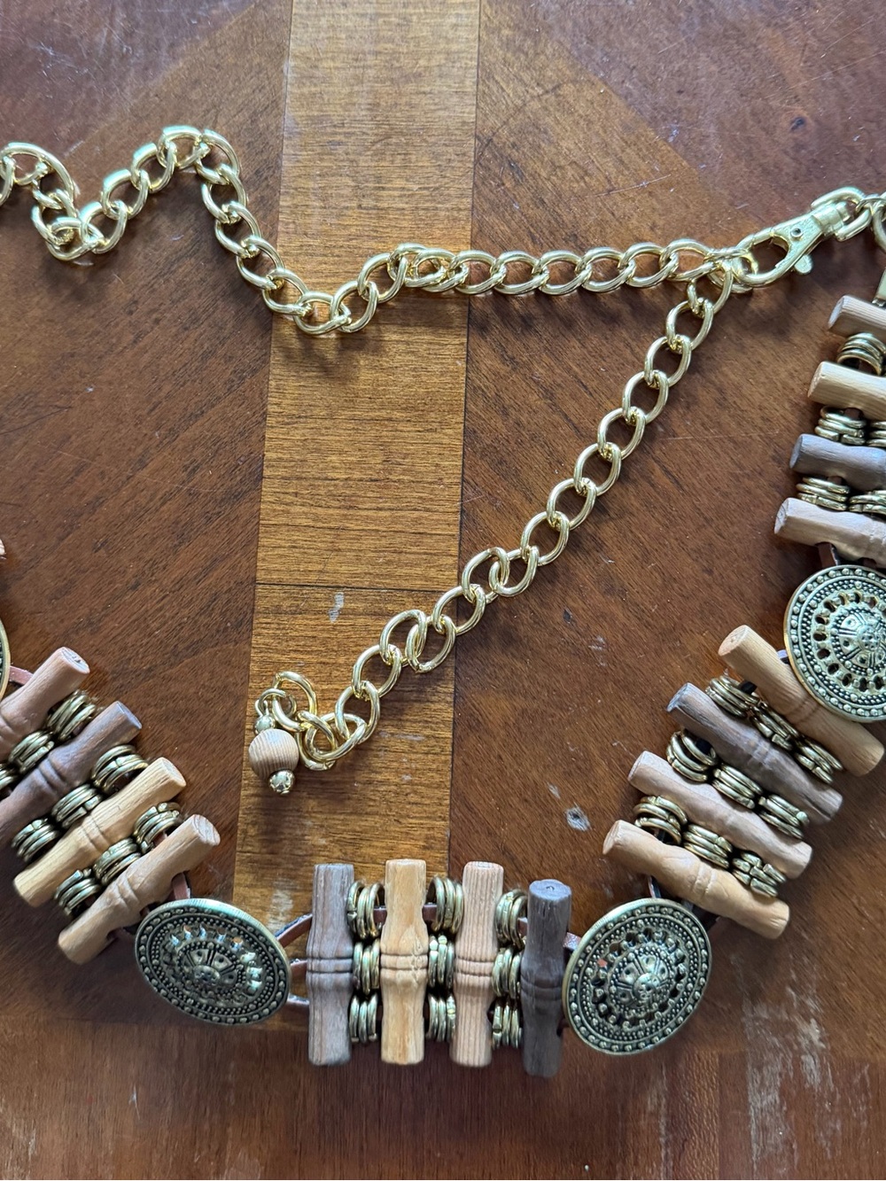 Vintage Wooden Medallion and Pegs Brass Metal Link Chain Belt Boho
